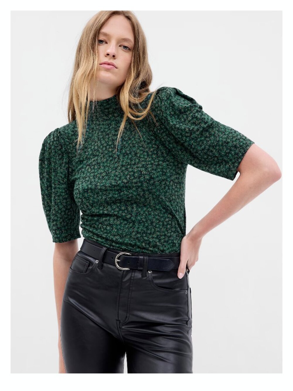 GAP Womens Featherweight Puff Sleeve  Green Ditzy Floral Print Top M Tall
